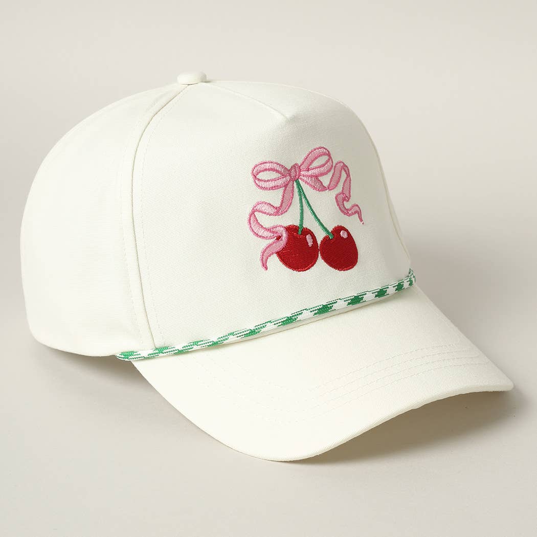 Cherry Ribbon Image Embroidery 5 Panel Trucker Hat: Green