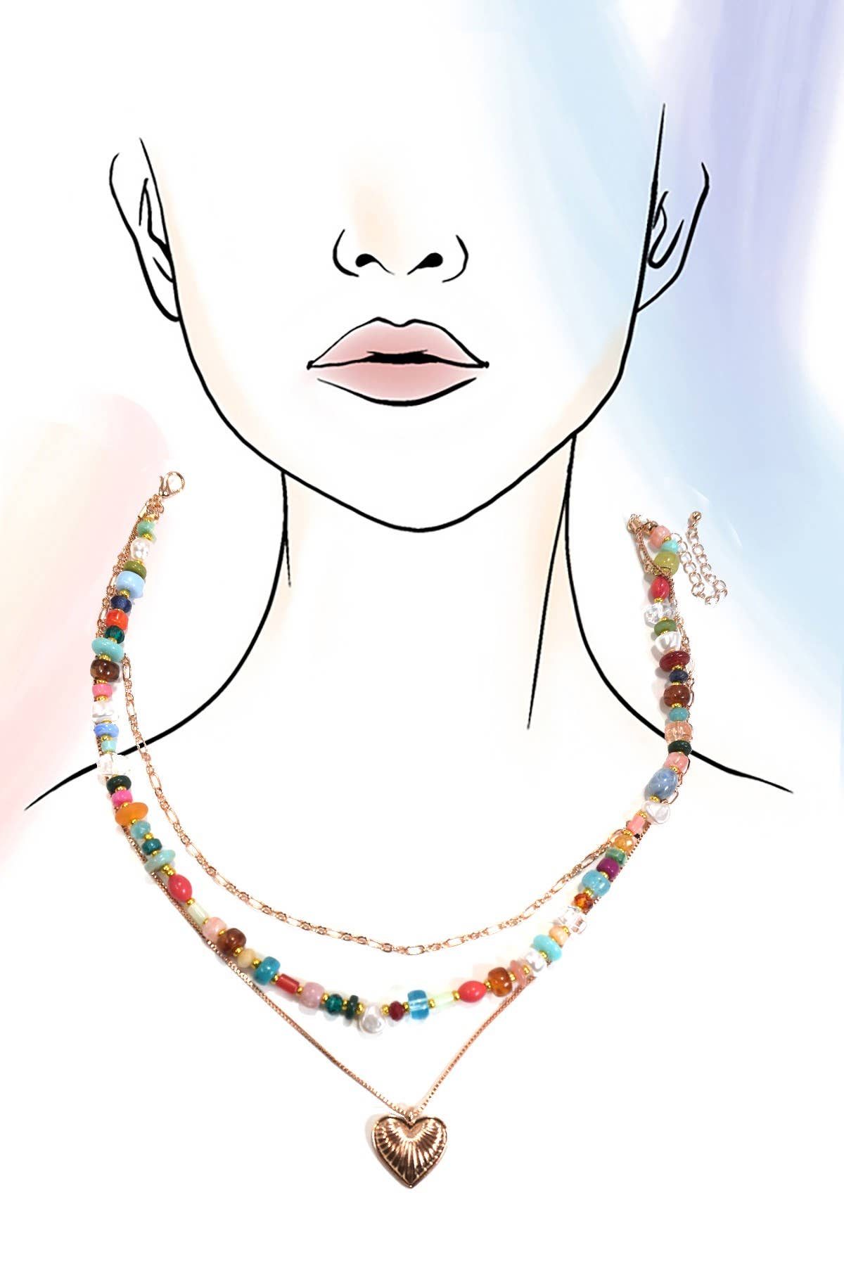 MULTI LAYERED BEADED HEART CHARM NECKLACE :GOLD