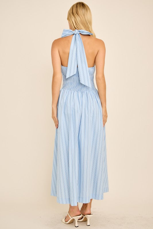 Stripe Halter Midi Dress w/Bow