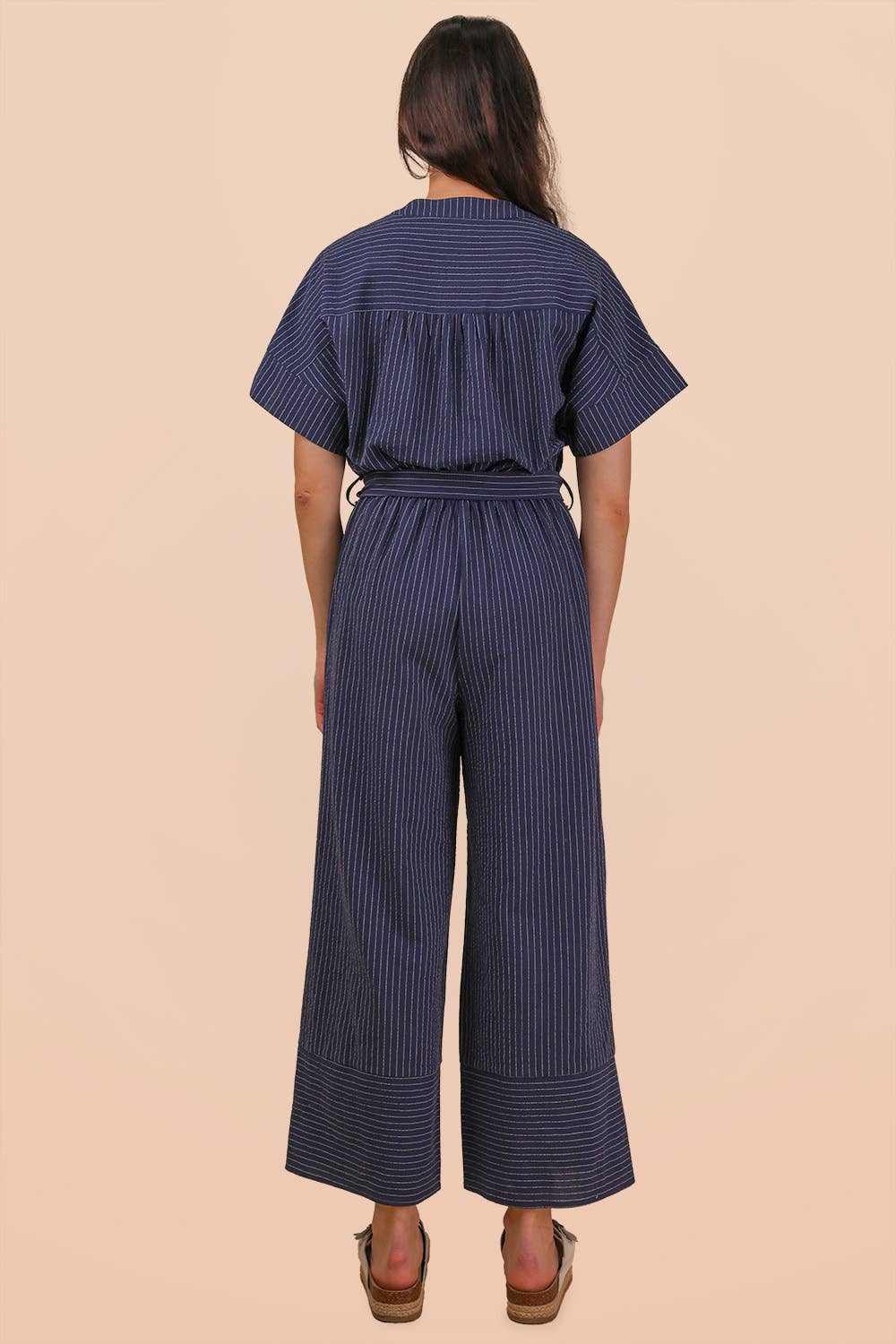 Half Button Down Stripe Linen Woven Jumpsuit: NAVY