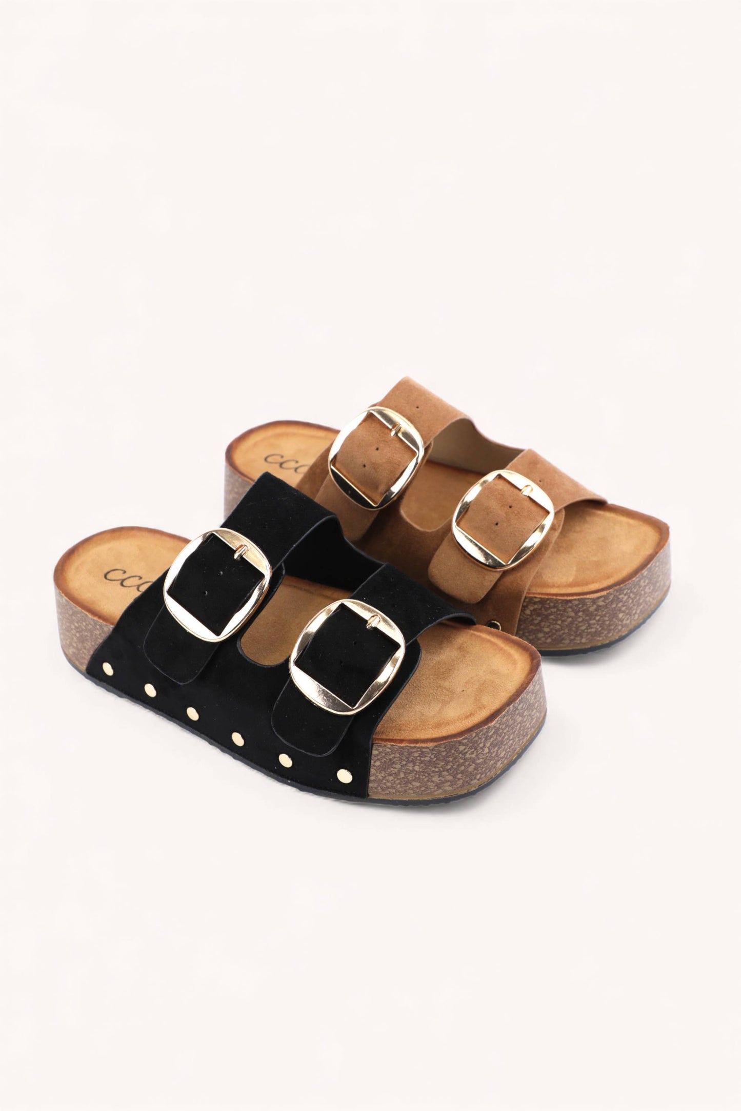 NANCY DOUBLE STRAPS WITH BOLD METAL BUCKLES PLATFORM SANDAL: CAMEL