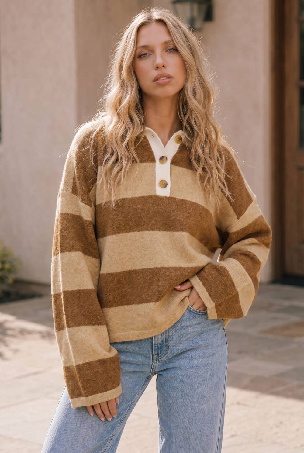 Striped Button Collar Knit Sweater: CAMEL