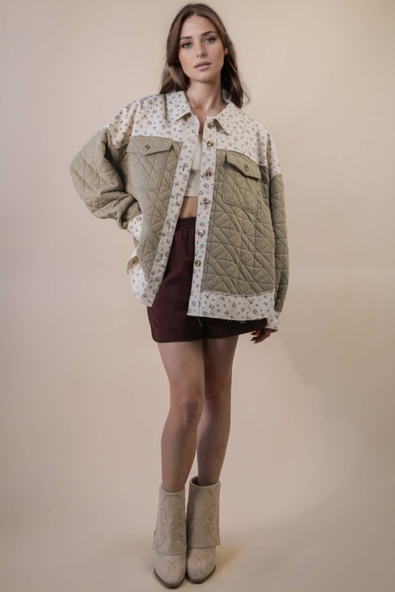 Oversized Floral Printed Contrast Cotton Jacket
