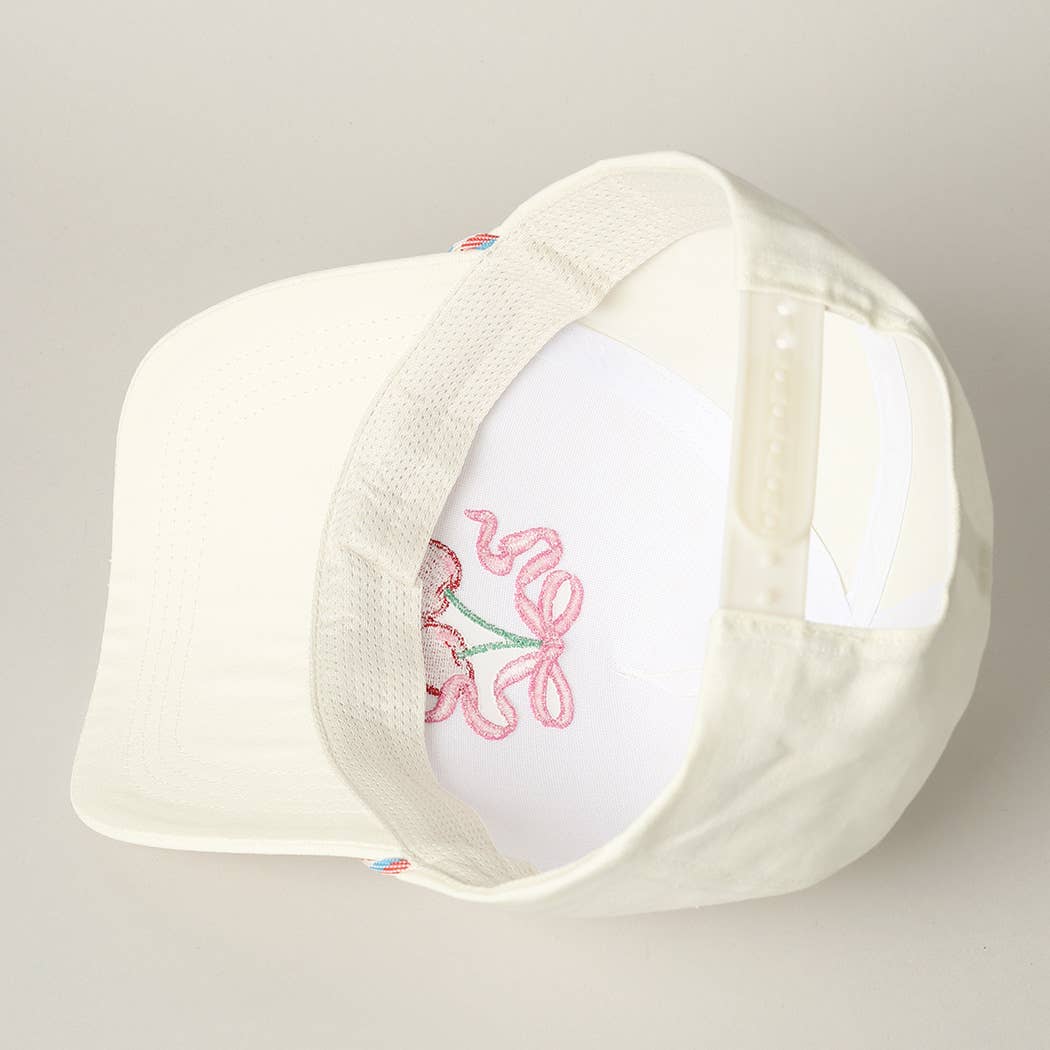 Cherry Ribbon Image Embroidery 5 Panel Trucker Hat: Green