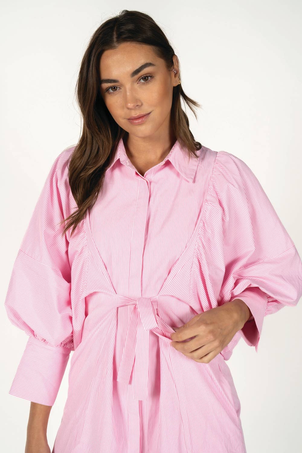 Pinstripe Balloon Sleeve Tie-Waist Mini Shirt Dress