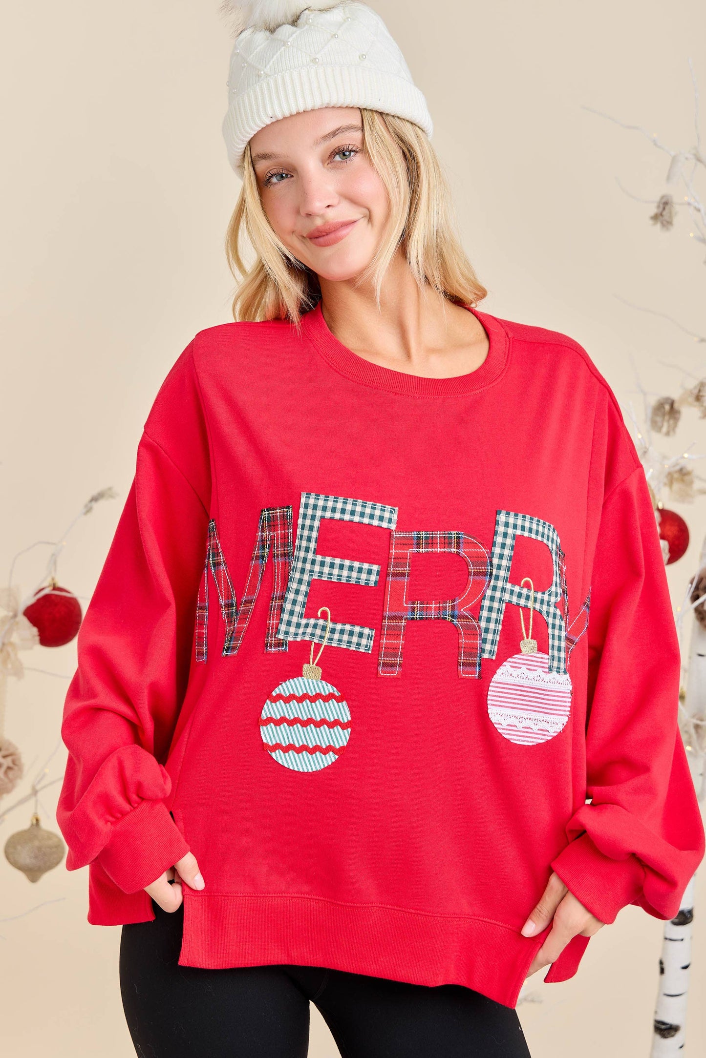 Merry With Ornament Patchwork Oversized Long Sleeve Top