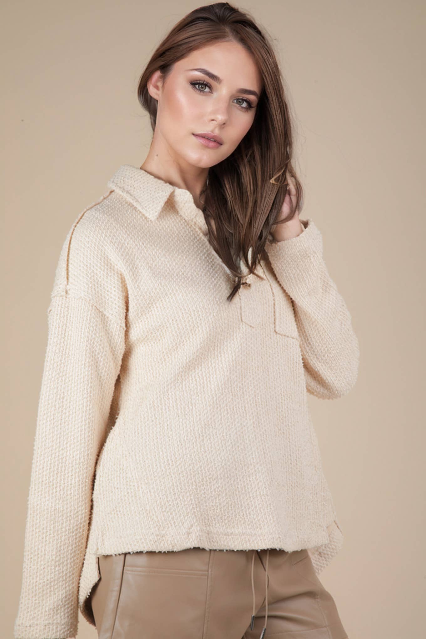 Half Button Down Collared Textured Henley Knit Top