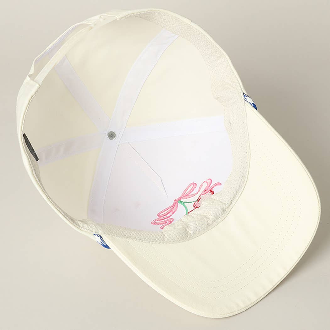 Cherry Ribbon Image Embroidery 5 Panel Trucker Hat: Green