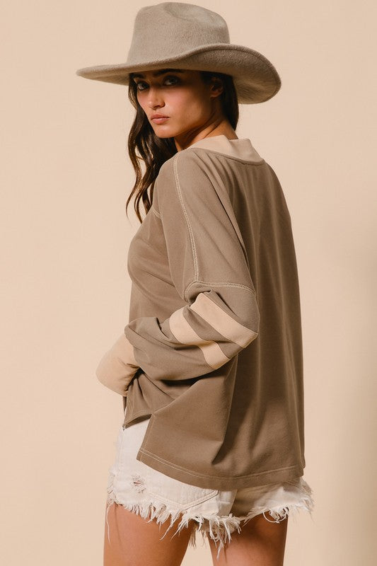 French Terry Color Block V Neck Top