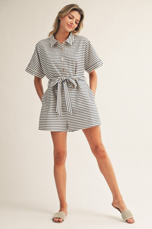 Waist Tie Button Down Stripe Romper