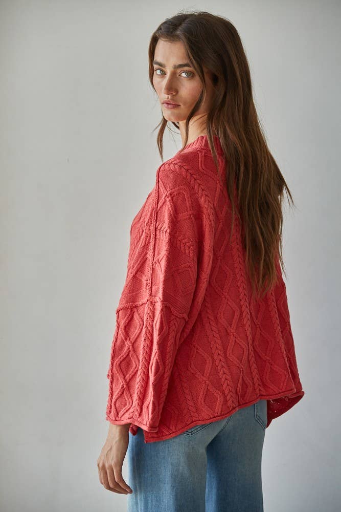 Knit Cable Sweater Cotton 3/4 Sleeve Pullover