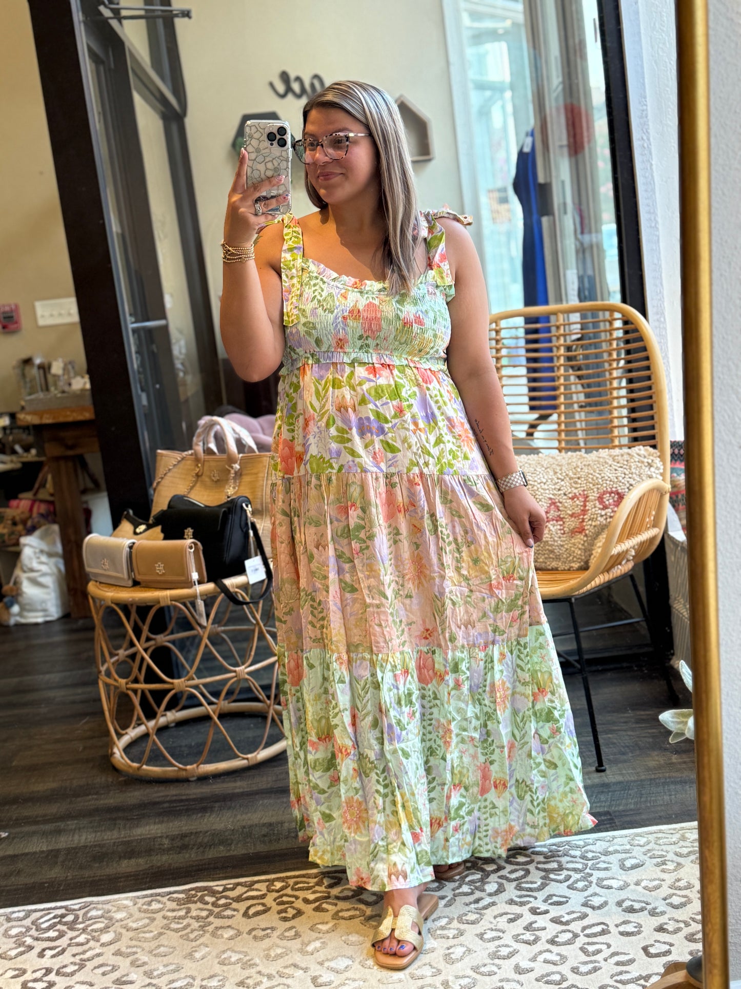 Smocked V-neck Tiered Multi Print Dress