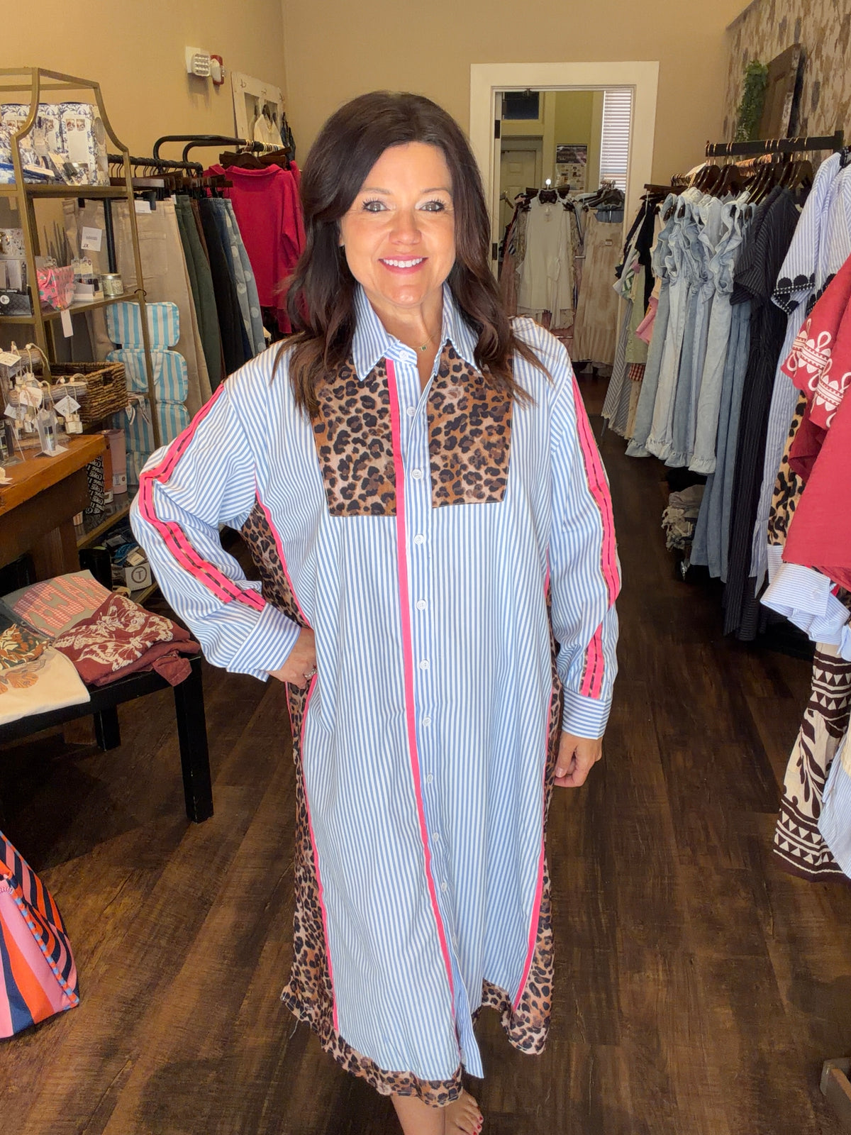 Blue Striped Leopard Shirt Dress