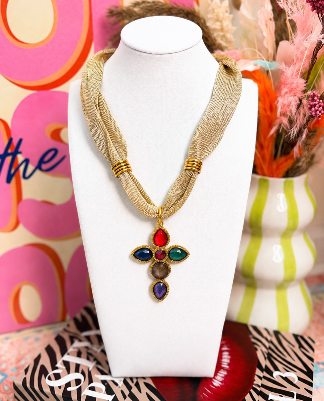 Cross Charm Mesh Statement Necklace | Multi
