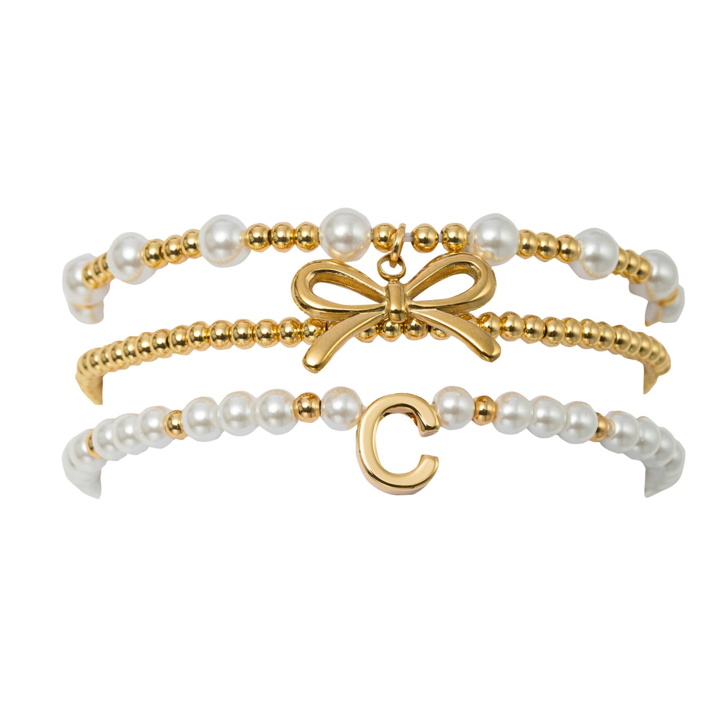 18K Gold Plated Set of 3 Pearl Bracelet with Bow & "C"