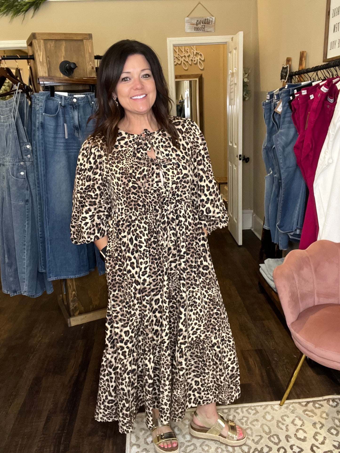 Leopard Bow Ties Midi Dress