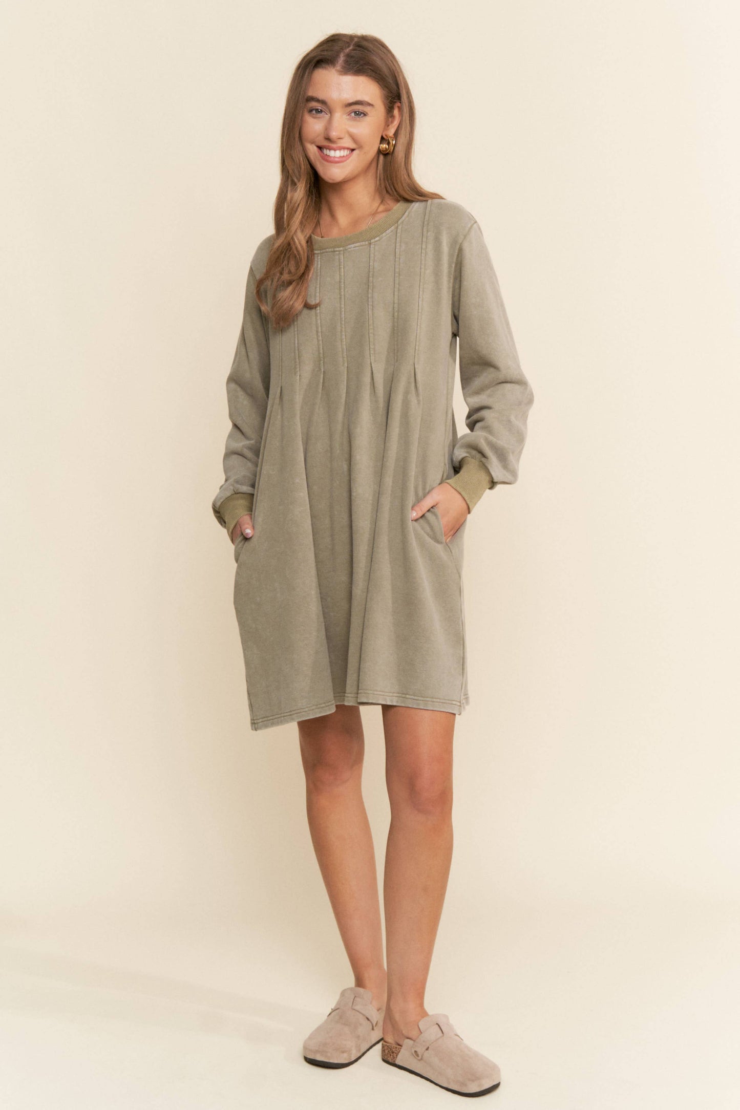 Pleated Round Neck Long Sleeve Sweater Dress