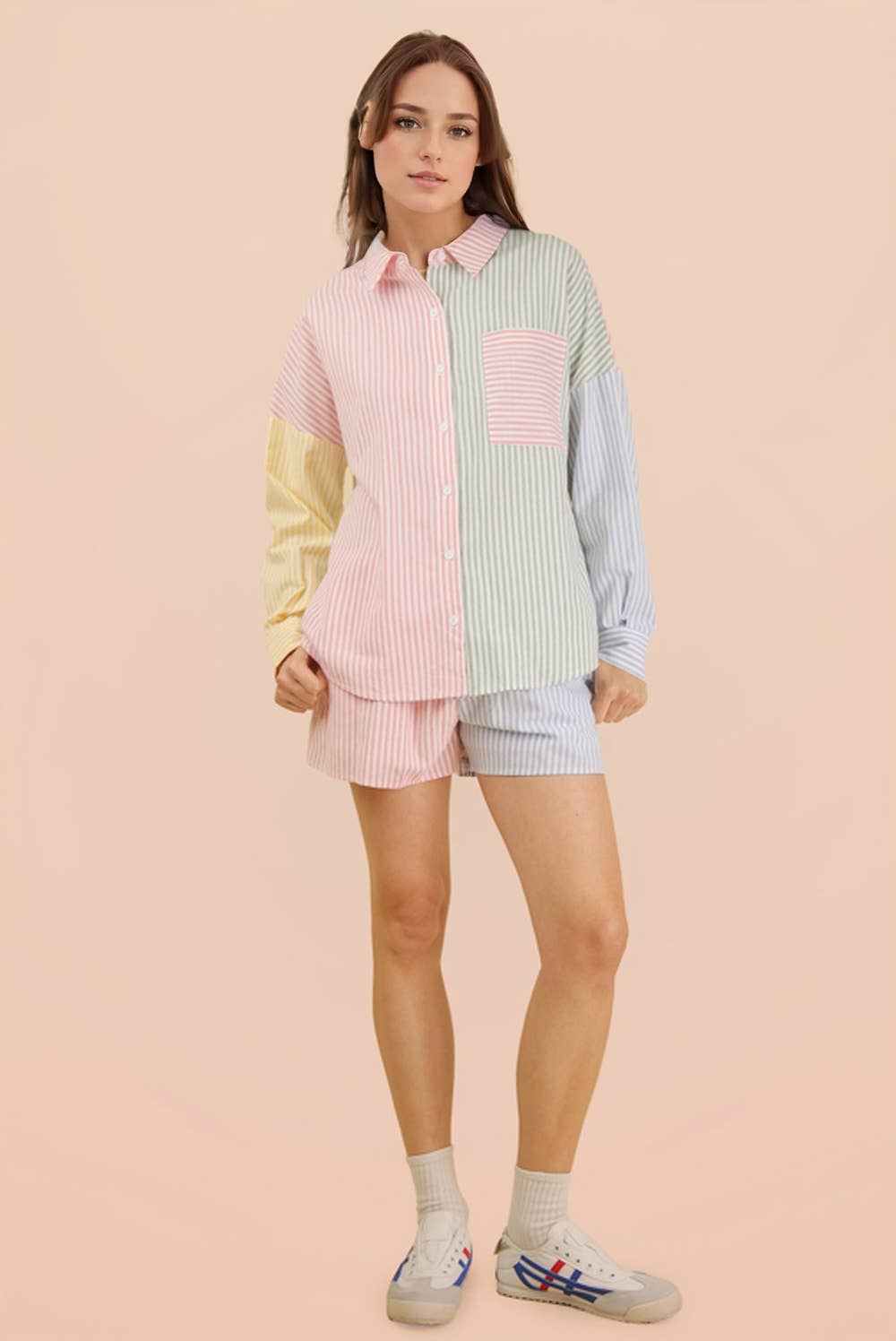 Stripe Color Block Shirt Top & Shorts Set: PINK MIX