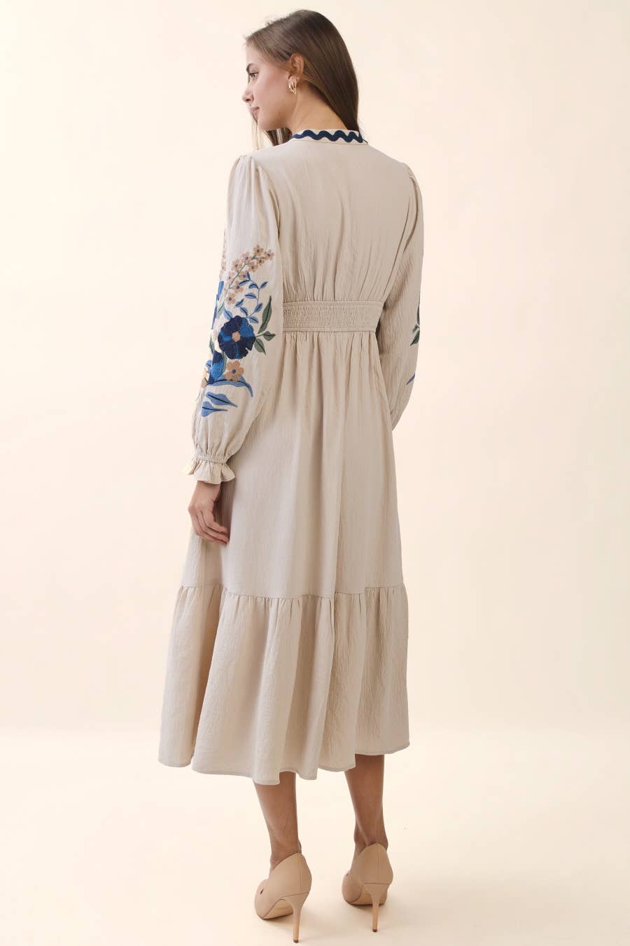 Embroidered Tiered Midi Dress: ECRU