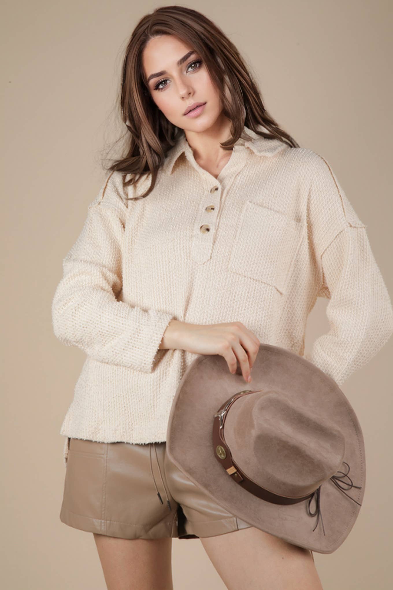 Half Button Down Collared Textured Henley Knit Top