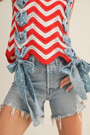 Red & White Chevron Crochet Tank Top