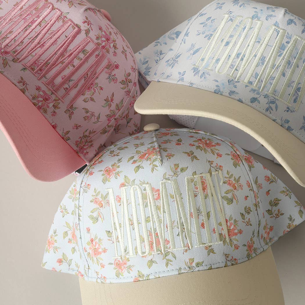 MOMMIN' Embroidered Flower PatternTrucker Hat: BLUE/BEIGE / ONE SIZE