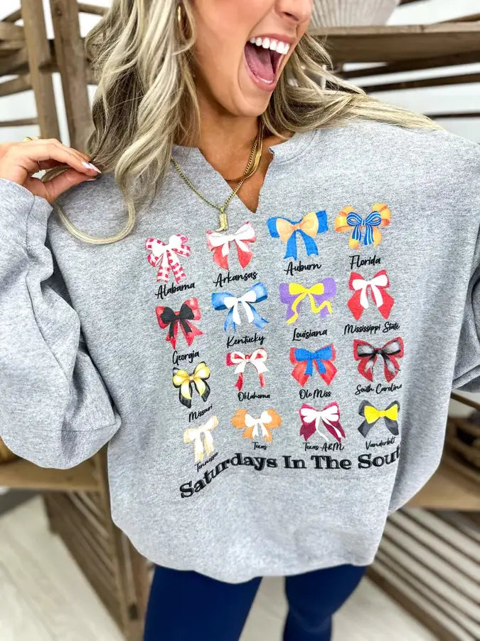 Saturdays In The South Sport Gray Split Neck Graphic Sweatshirt