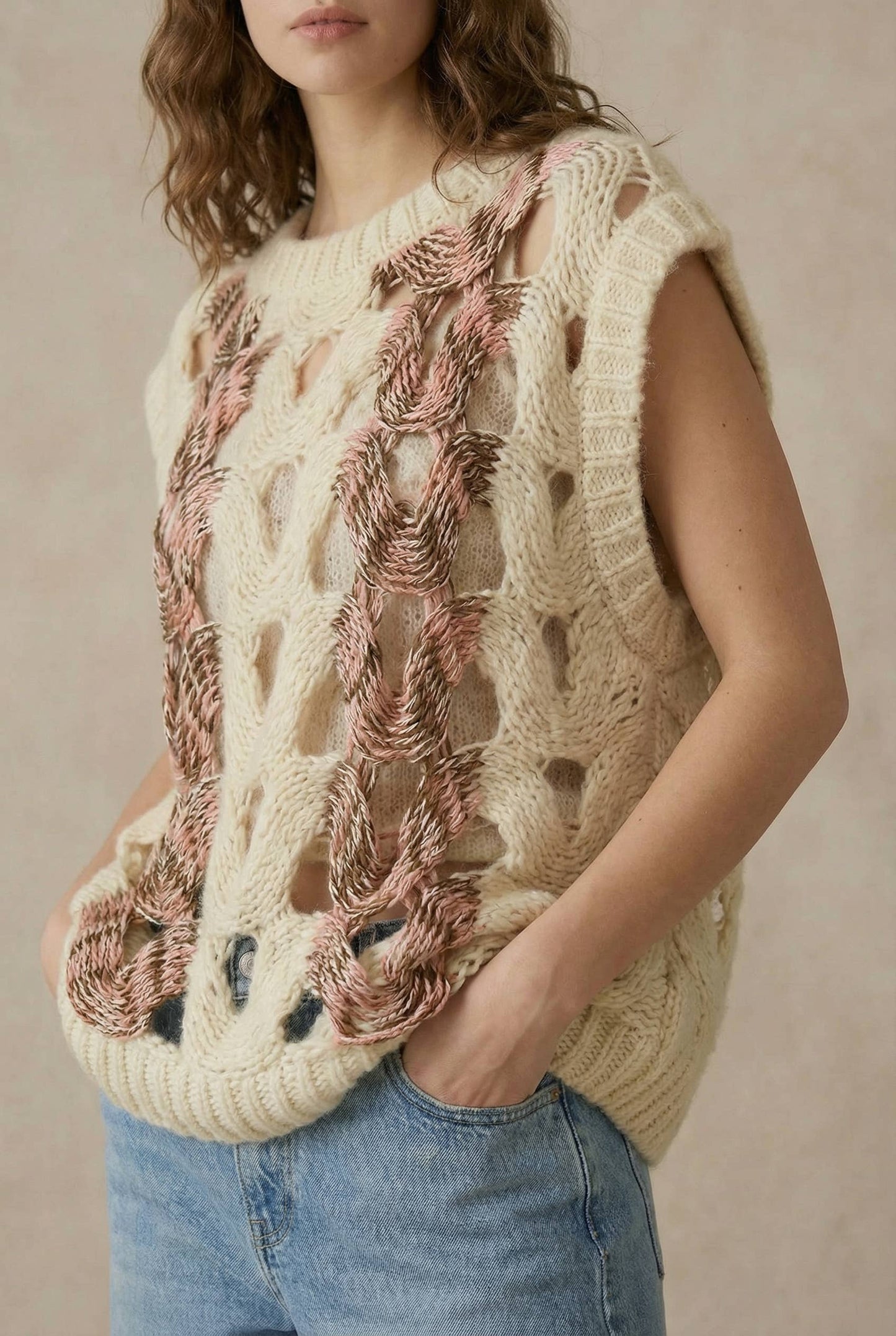 Crochet Knit Top with Floral Appliqué Detailing.: Ivory / S,M,L