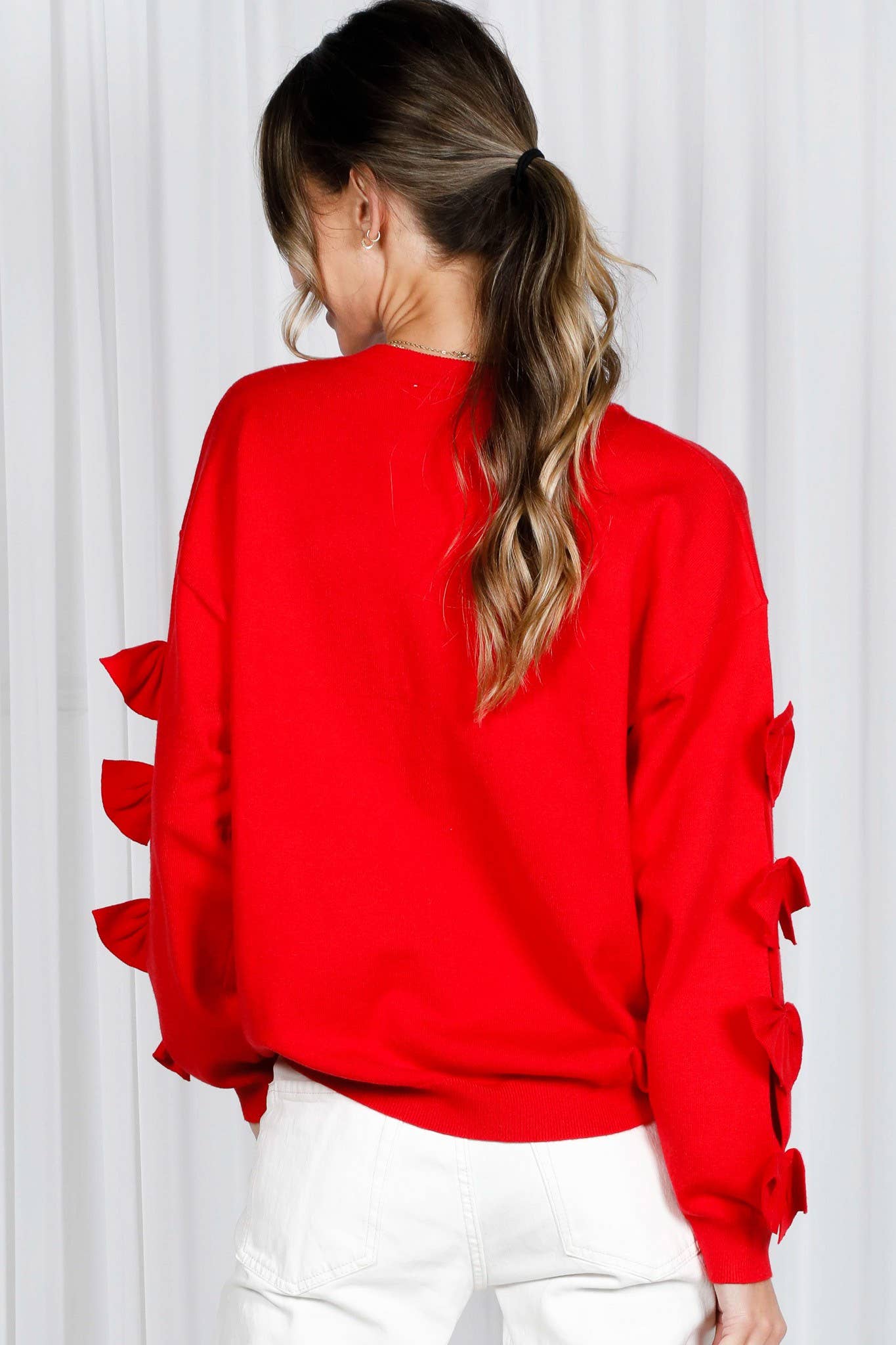 Bow Embellished Crew Neck Long-Sleeve Knit Sweater: Red
