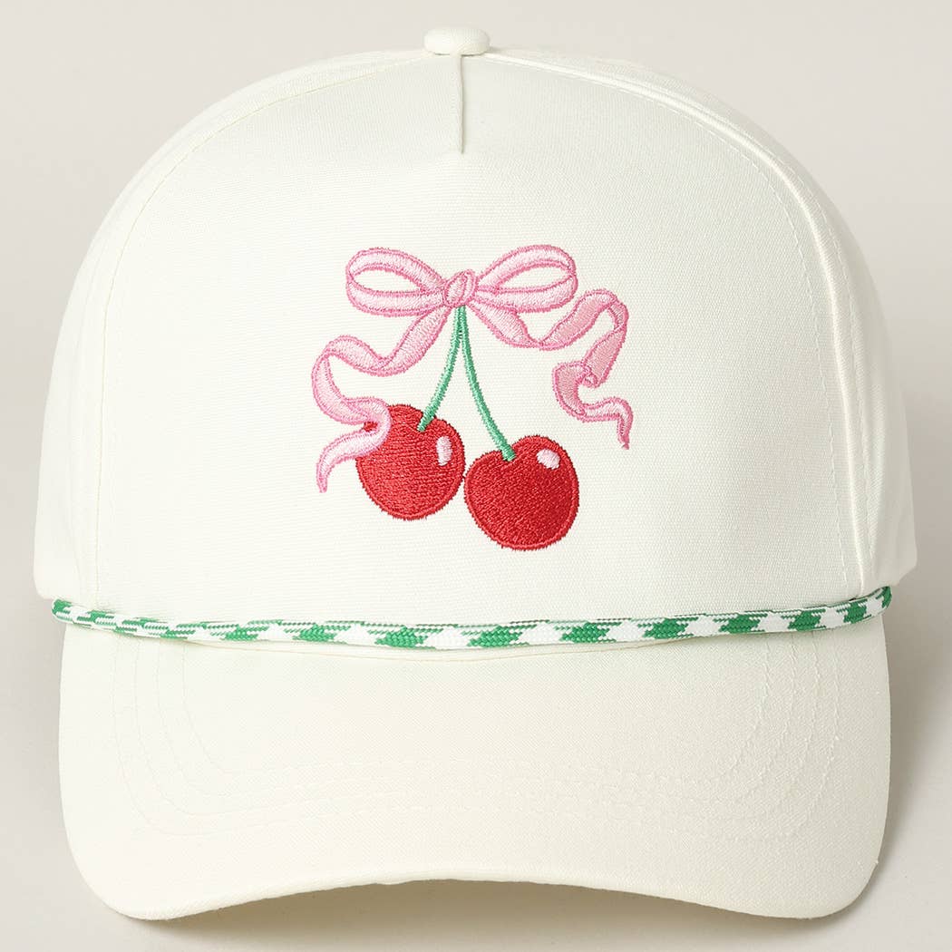 Cherry Ribbon Image Embroidery 5 Panel Trucker Hat: Green