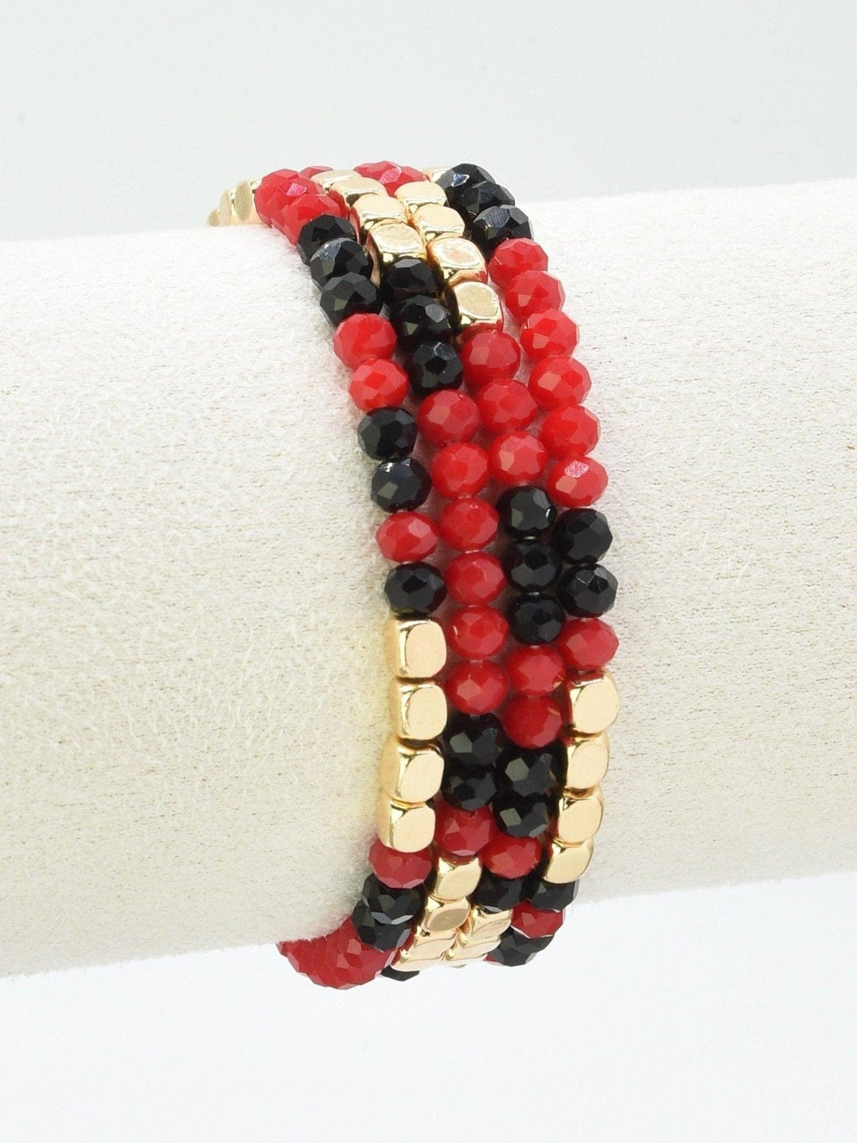 4 Piece Glass Metal Bead Stretch Bracelet Set: Black Red