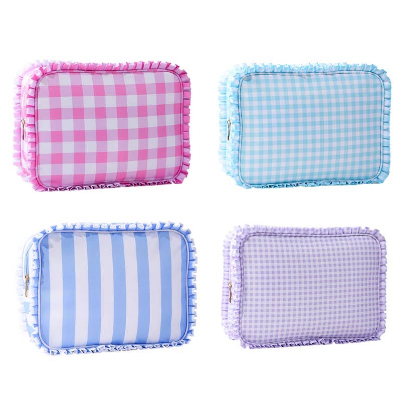 RUFFLE CHECKER STRIPE COSMETIC TRAVEL POUCH BAG: Blue