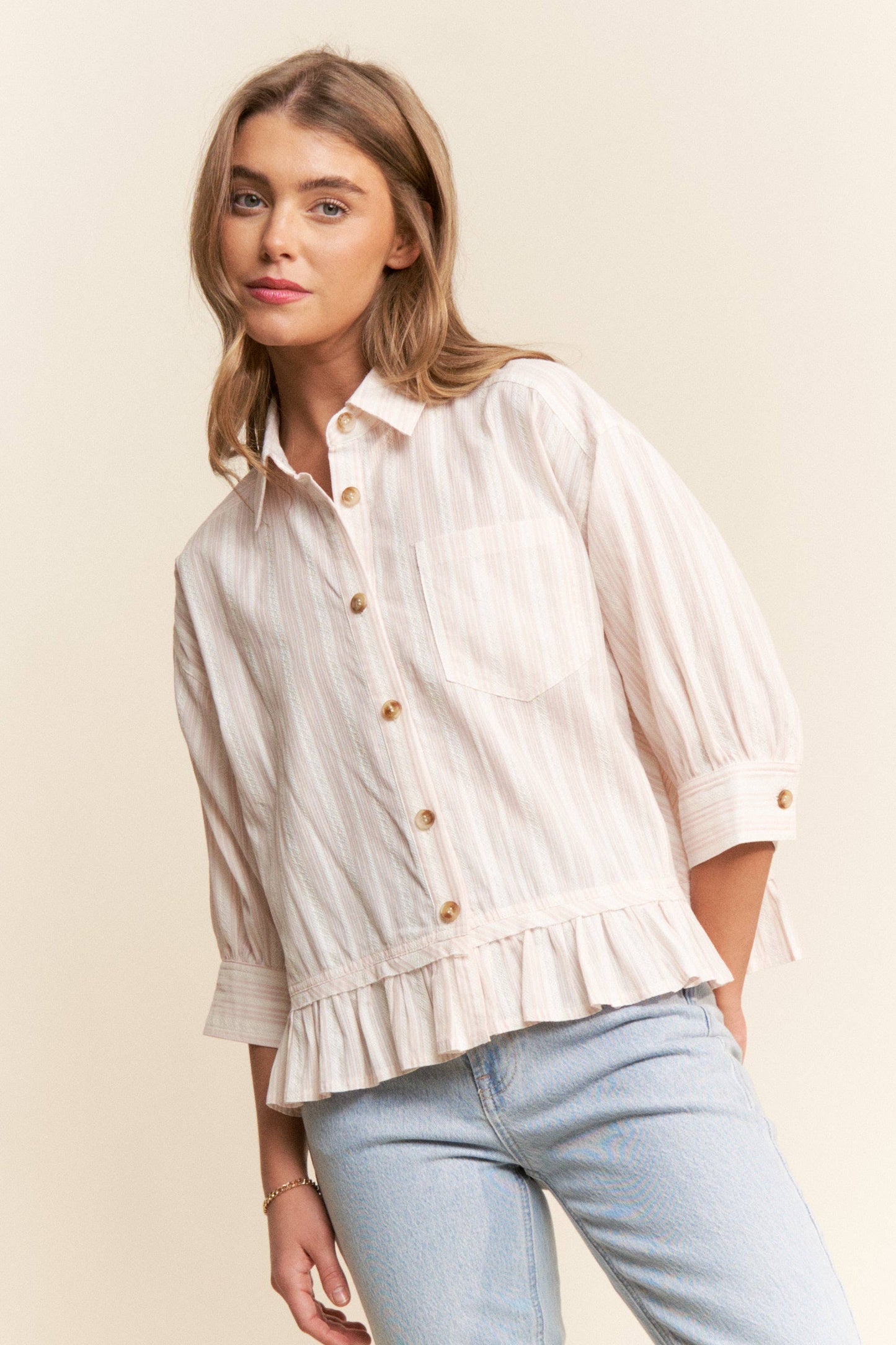 Stripe Jacquard Button Up Pleated Top