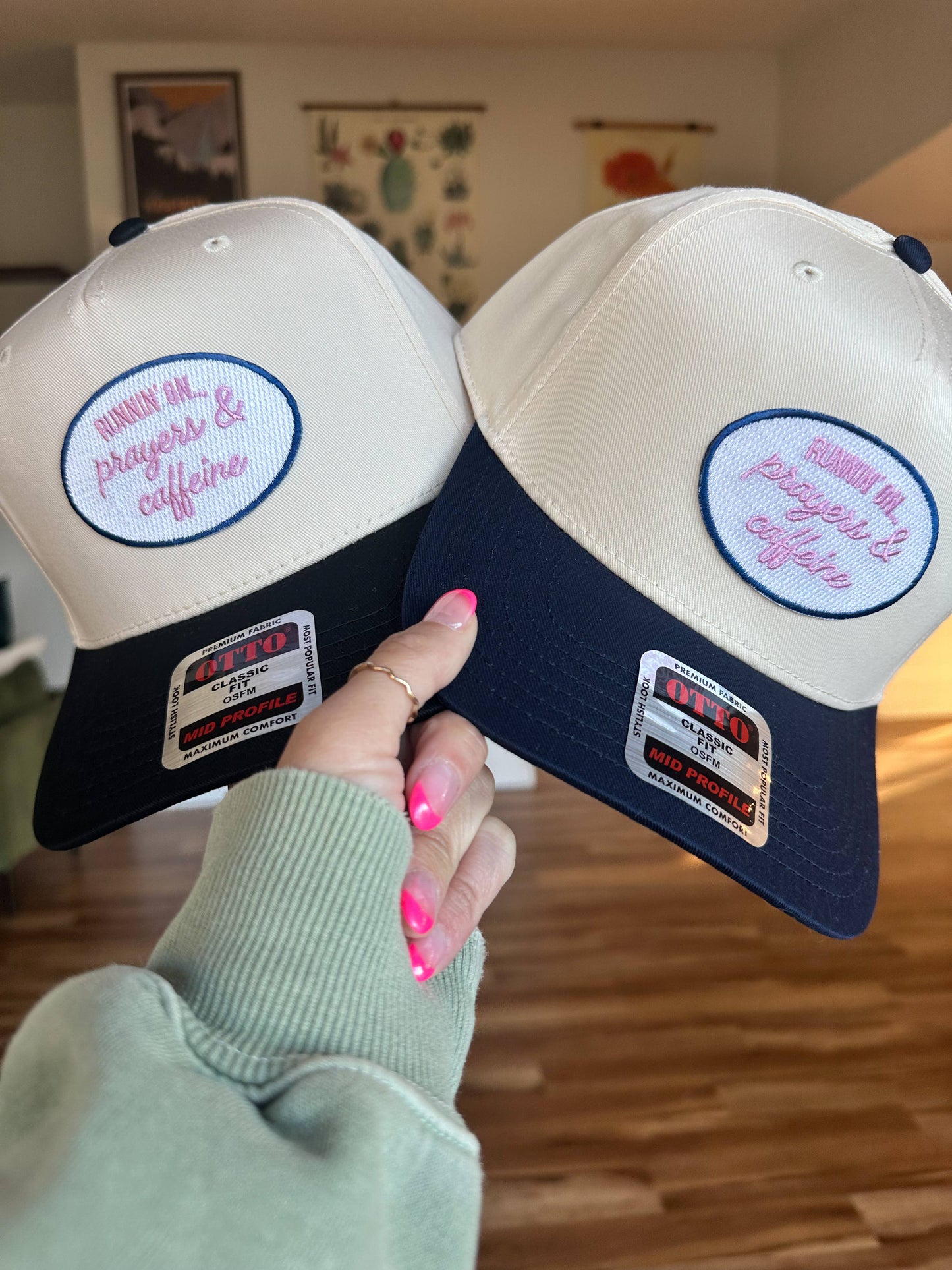 Pink Runnin' On Prayers & Caffeine Patch Hat: Navy/Natural