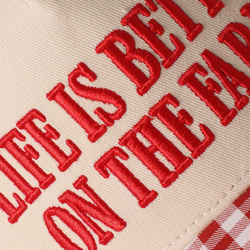 LIFE IS BETTER ON THE FARM 3D Embroidered Gingham Hat: RED / ONE SIZE