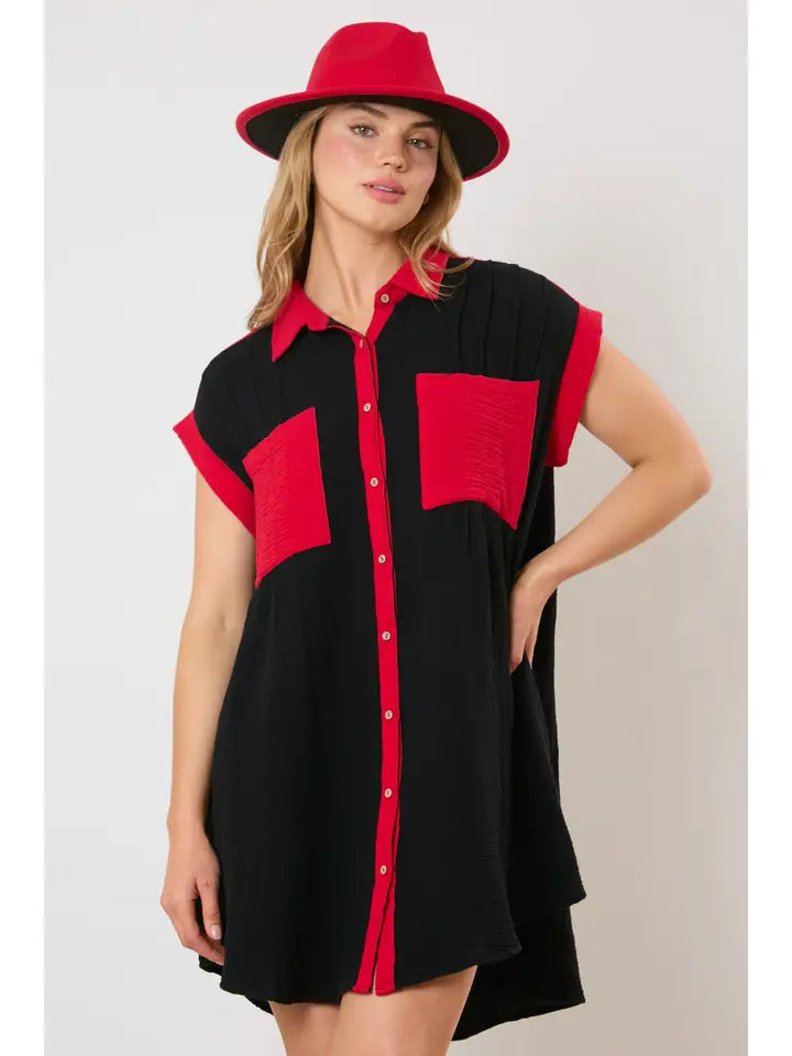 Red and black color block dress hotsell