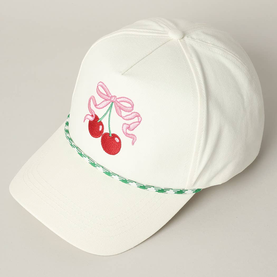 Cherry Ribbon Image Embroidery 5 Panel Trucker Hat: Green