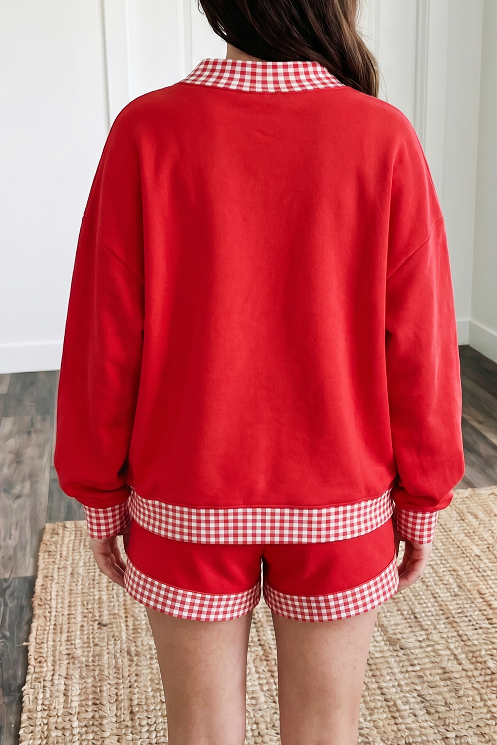 Plaid Print Long Sleeve Crew Neck Top and Shorts Set: Fiery Red