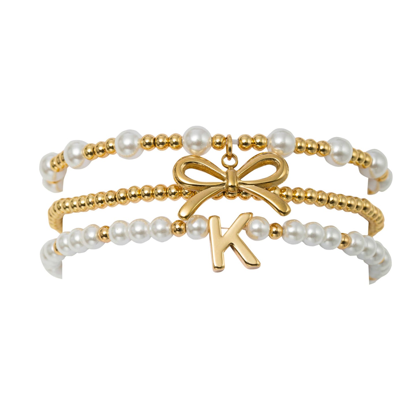 18K Gold Plated Set of 3 Pearl Bracelet with Bow & "K"