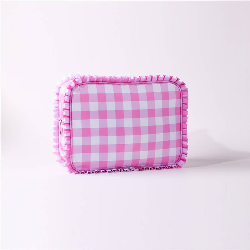 RUFFLE CHECKER STRIPE COSMETIC TRAVEL POUCH BAG: Pink