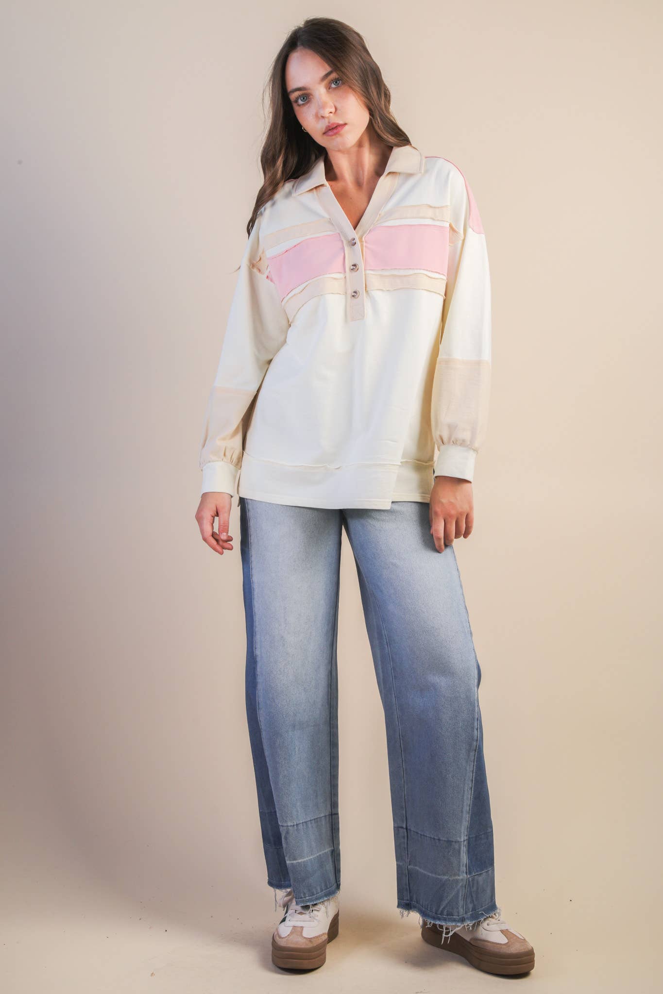 Color Block Oversized Collared Casual Knit Top