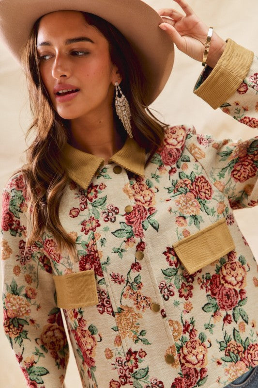 Floral Jacquard Corduroy Collar Jacket