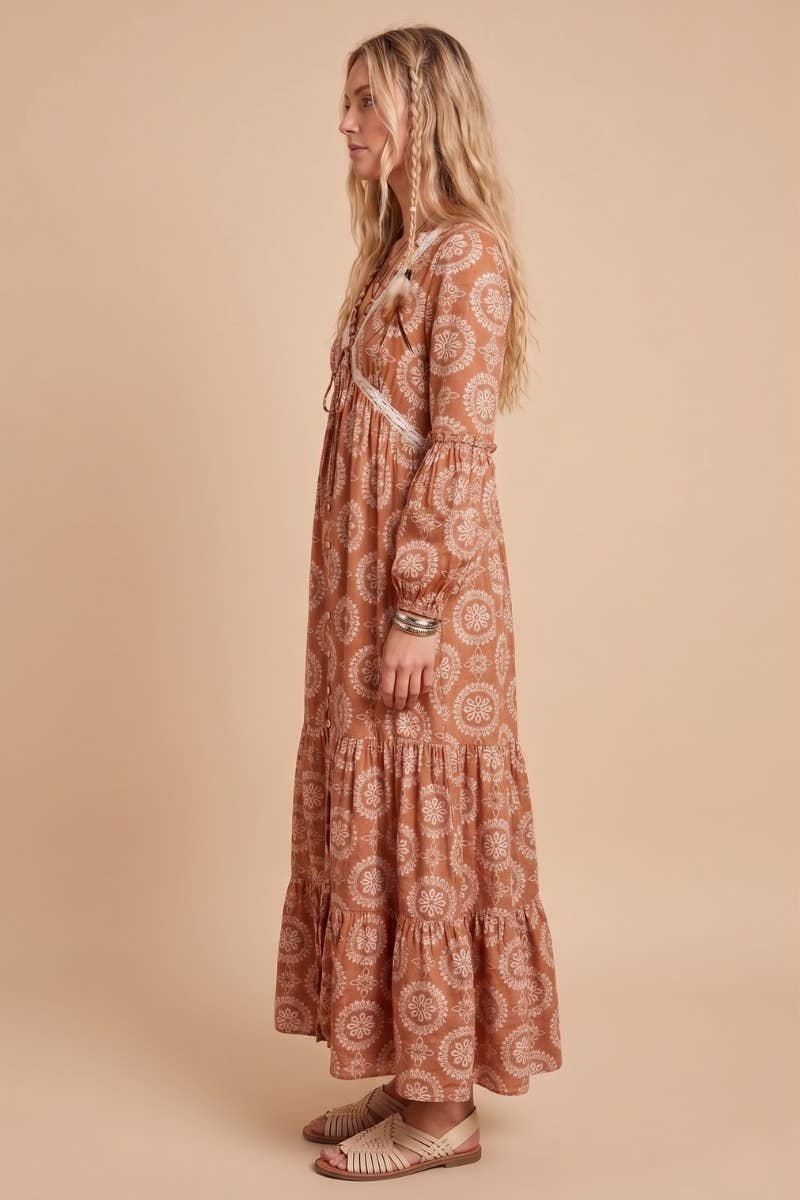 Boho Charm V Neck Maxi Dress: BROWN BRONZE