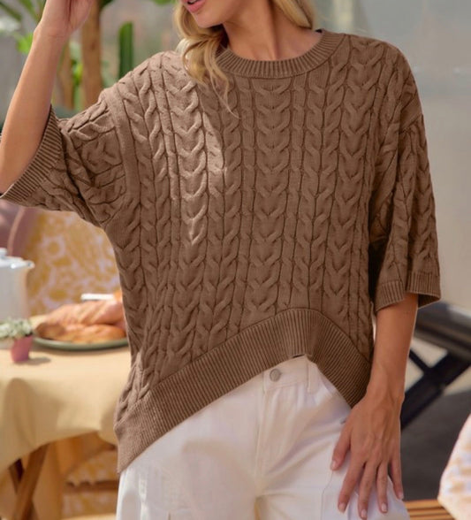 Front view of taupe cable-knit short-sleeve sweater top