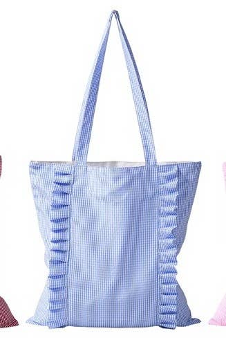 Gingham Ruffle Canvas Shoulder Tote Bag |Blue