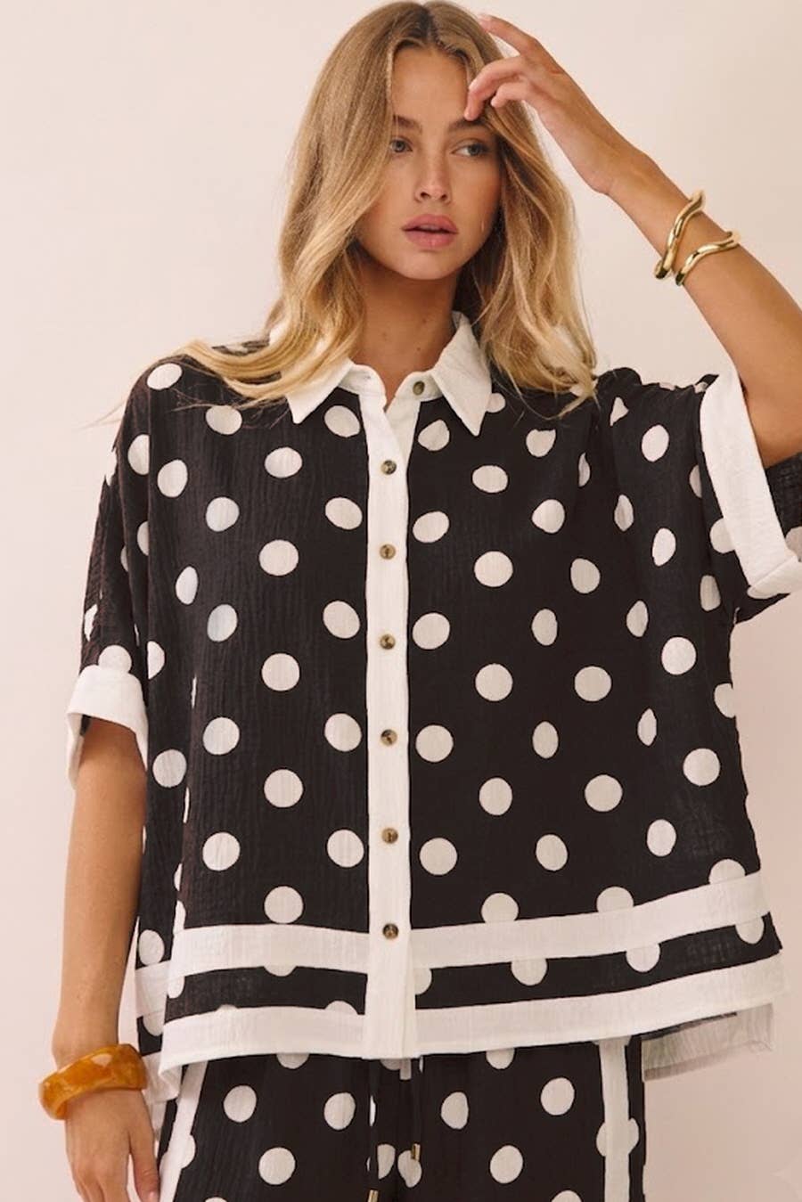 Polka Dot Print Collared Shirt And Wide Leg Pants Set: CHOCOLATE WHITE