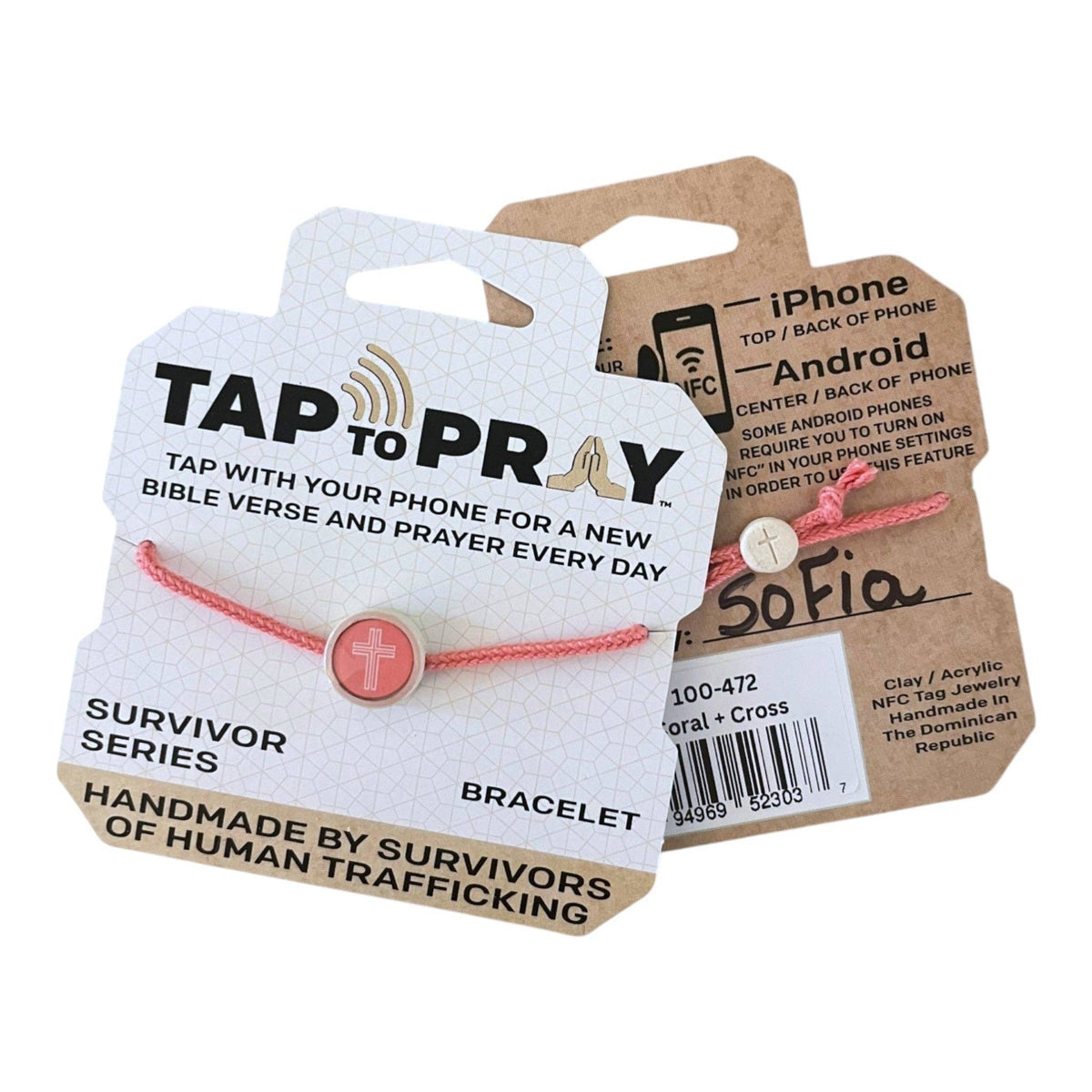 Tap To Pray® Survivor Series Braided Bracelet: Coral + Cross