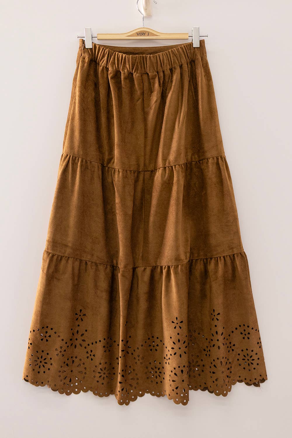 Faux Suede Tiered Midi Skirt: CHOCO