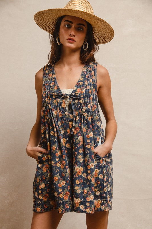 Washed Floral Denim Romper