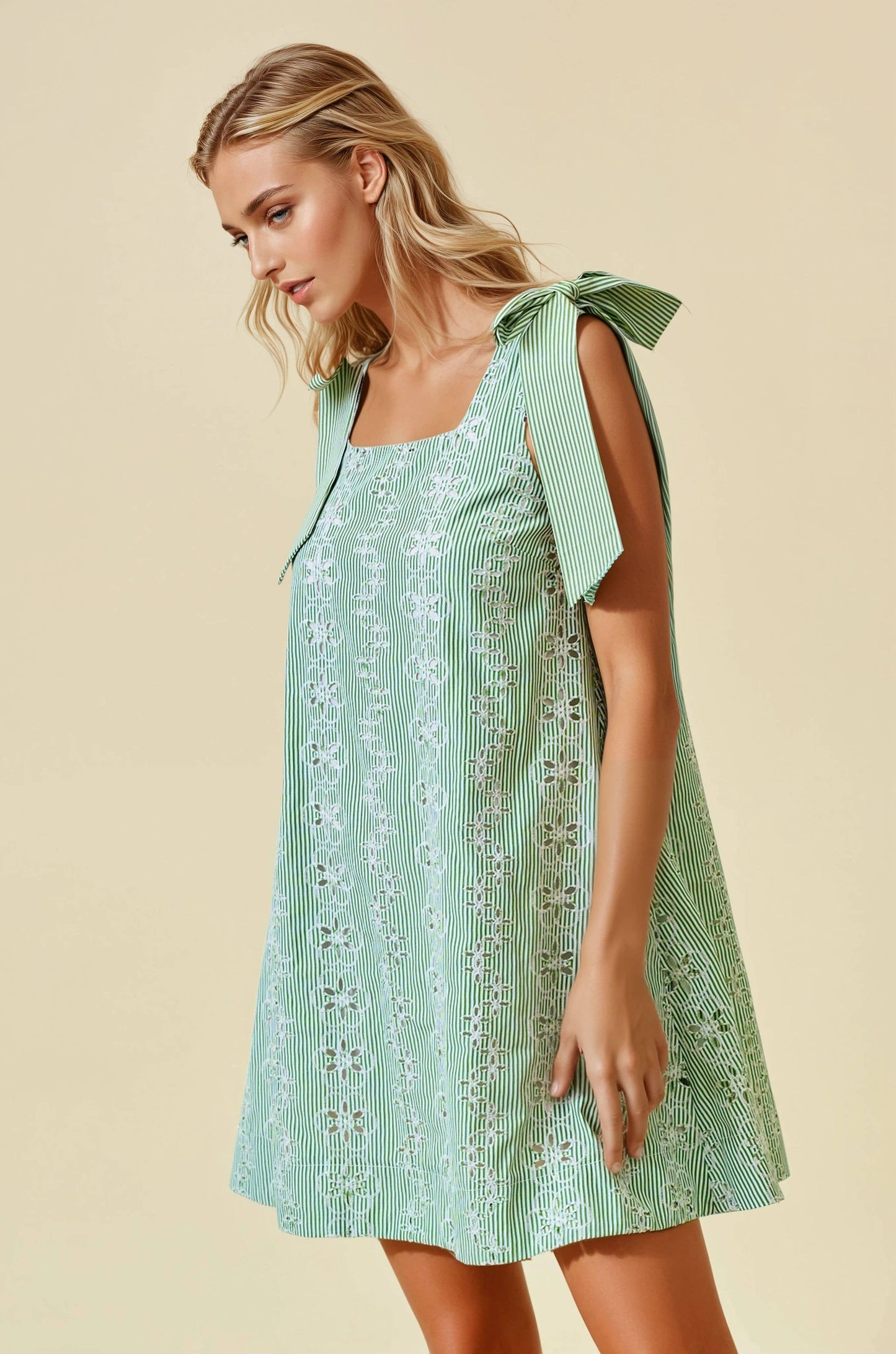 STRIPED EYELET TIE SHOULDER MINI DRESS